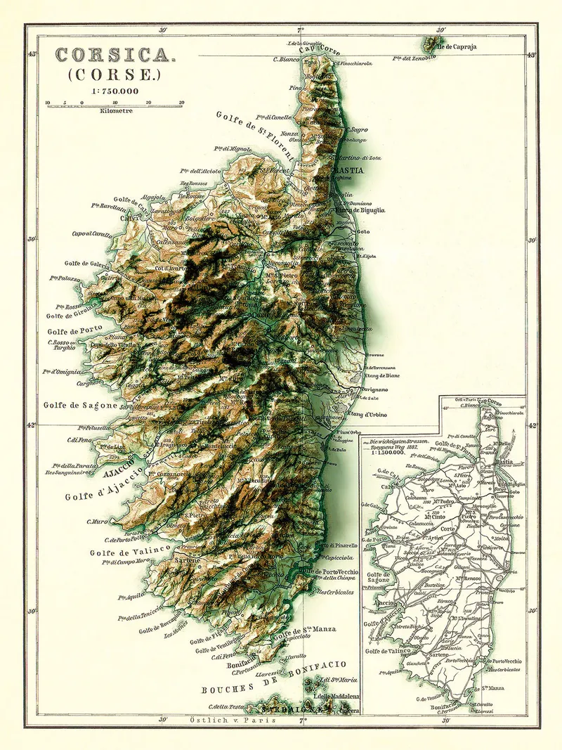 Carte de la Corse, effet relief : reproduction de l’ancienne carte murale d’école