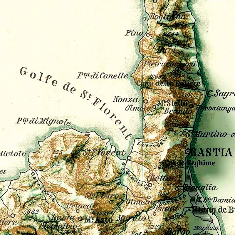Détail : Carte de la Corse, effet relief
