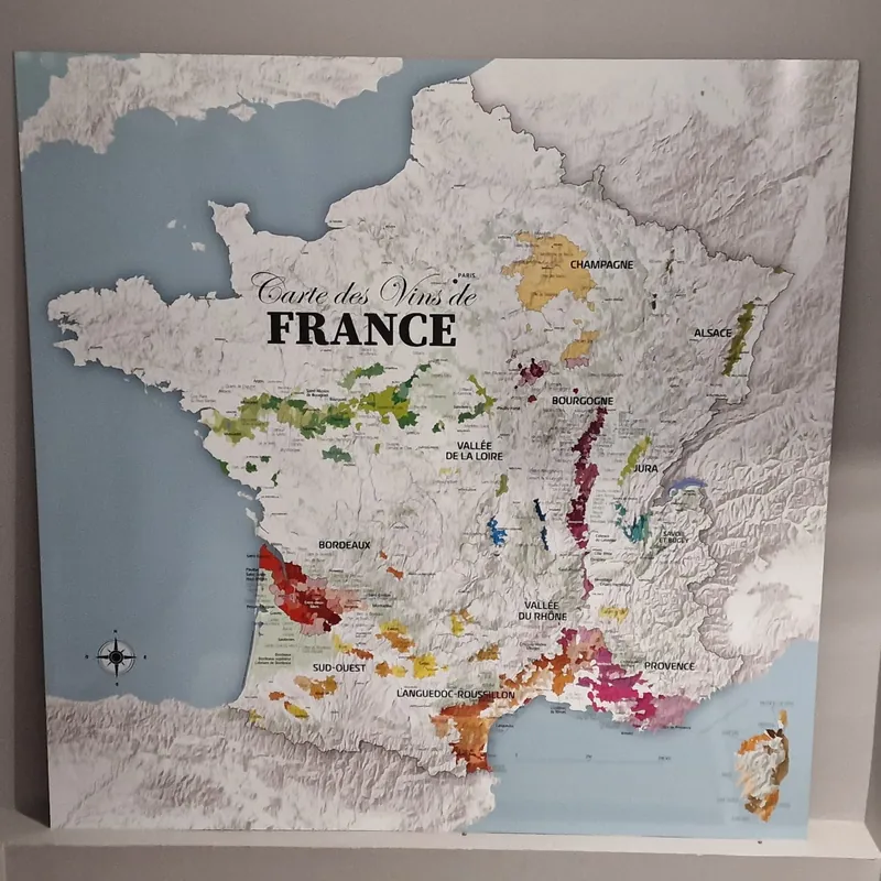 Carte des vins de France, carrée avec Corse sur panneau rigide PVC ou alu dibond