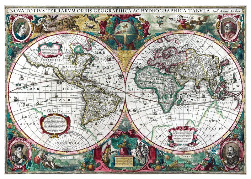 Carte du monde ancienne, Hondius 1630 : reproduction de l’ancienne carte murale d’école