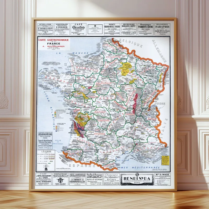 Carte gastronomique de la France accrochée dans un intérieur, en situation