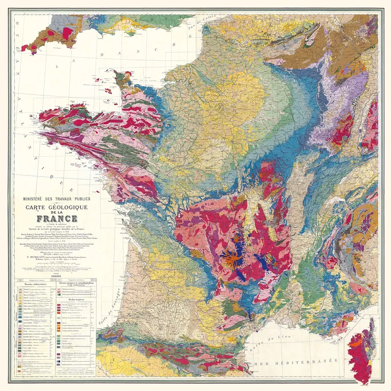 Carte géologique de la France : reproduction de l’ancienne carte murale d’école