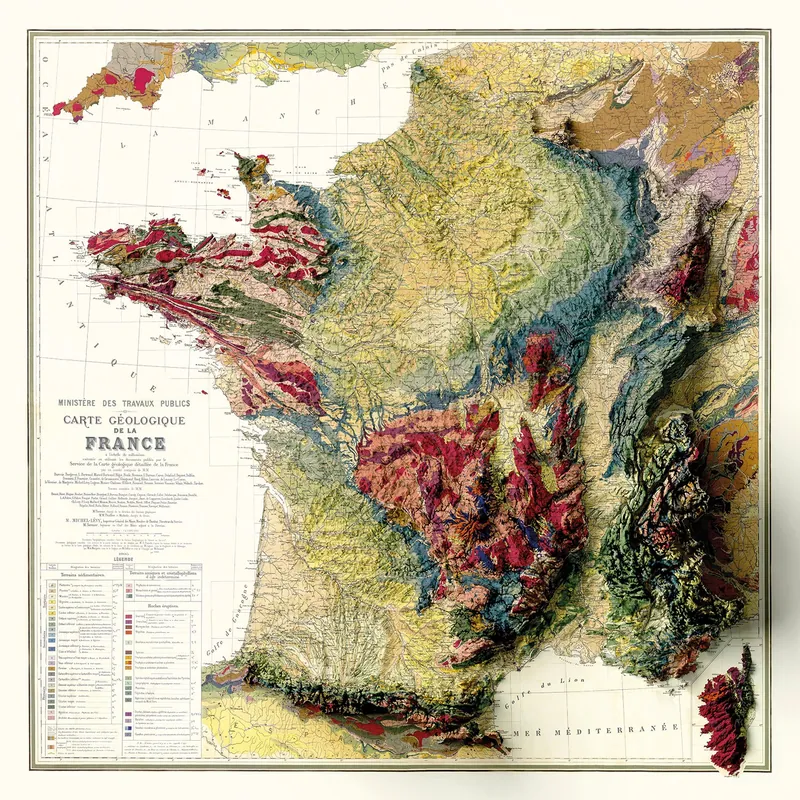 Carte géologique de la France, effet relief : reproduction de l’ancienne carte murale d’école
