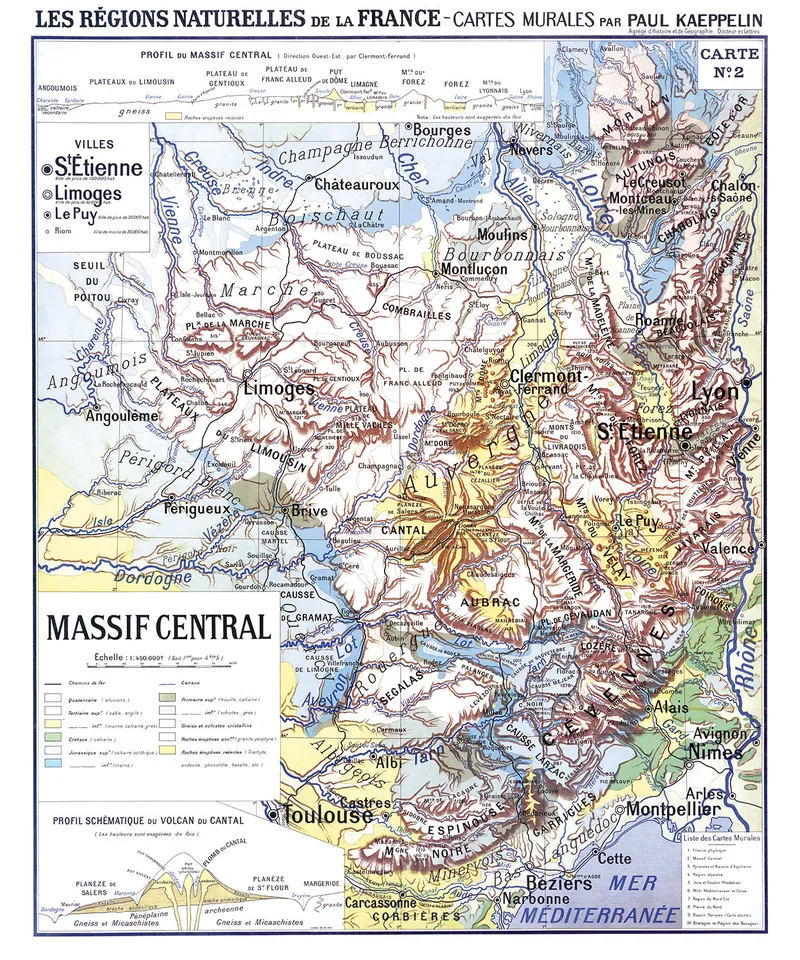 Carte Kaeppelin n° 2, Massif central, villes : reproduction de l’ancienne carte murale d’école