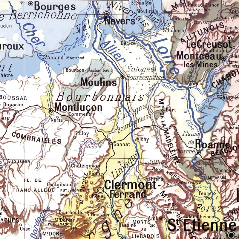 Détail de la carte Kaeppelin n° 2, Massif central, villes