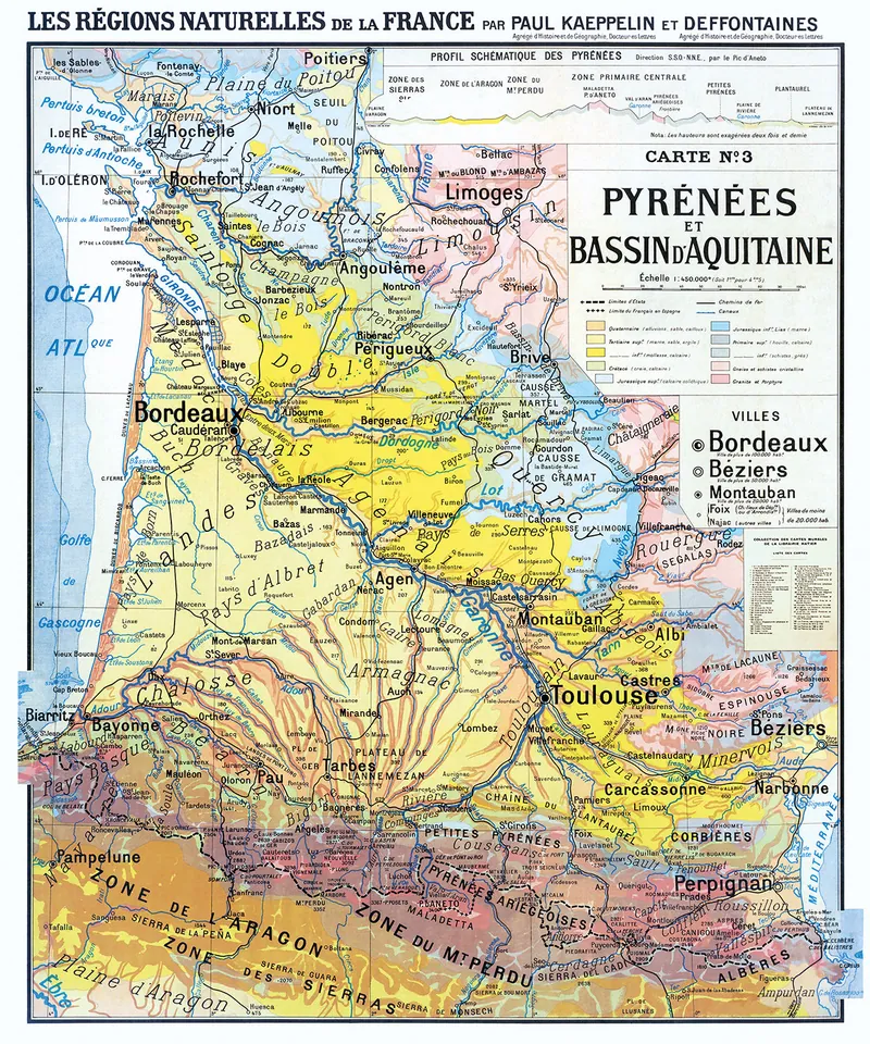 Carte Kaeppelin n° 3, Pyrénées et Bassin d’Aquitaine, villes : reproduction de l’ancienne carte murale d’école