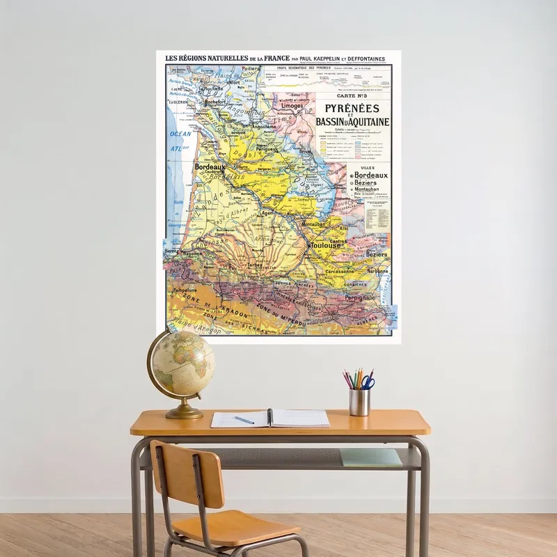 Carte Kaeppelin n° 3, Pyrénées et Bassin d’Aquitaine, villes sur panneau rigide PVC ou alu dibond