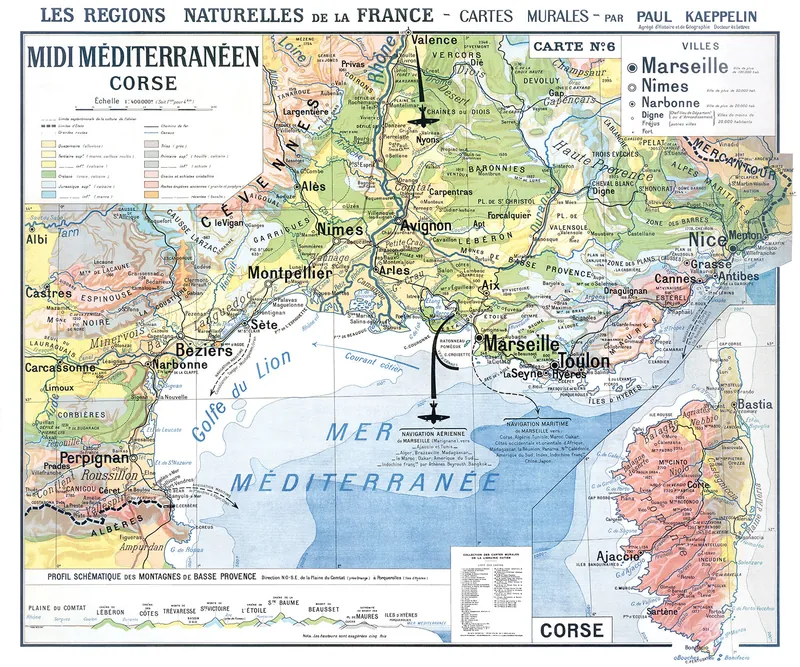 Carte Kaeppelin n° 6, Midi méditerranéen et Corse, villes : reproduction de l’ancienne carte murale d’école