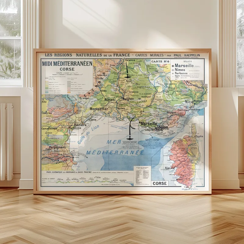 Carte Kaeppelin n° 6, Midi méditerranéen et Corse, villes accrochée dans un intérieur, en situation