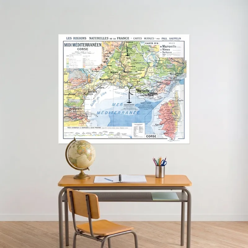 Carte Kaeppelin n° 6, Midi méditerranéen et Corse, villes sur panneau rigide PVC ou alu dibond