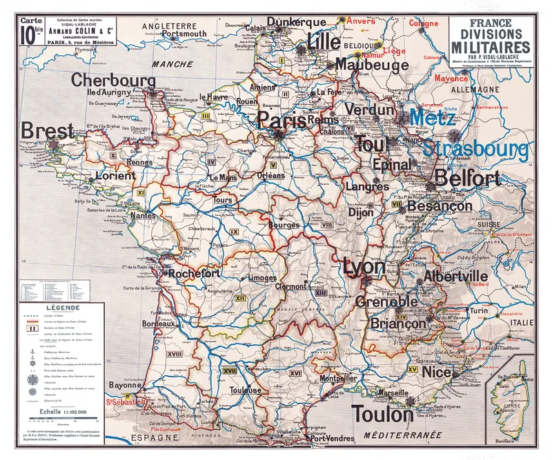 Carte Vidal-Lablache n° 10 bis, France, divisions militaires : reproduction de l’ancienne carte murale d’école