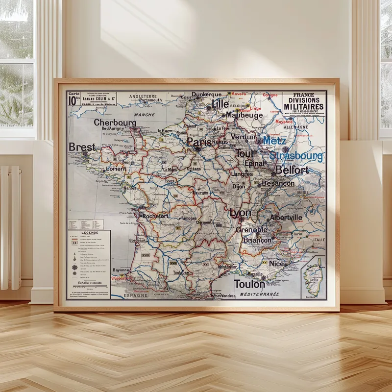 Carte Vidal-Lablache n° 10 bis, France, divisions militaires accrochée dans un intérieur, en situation