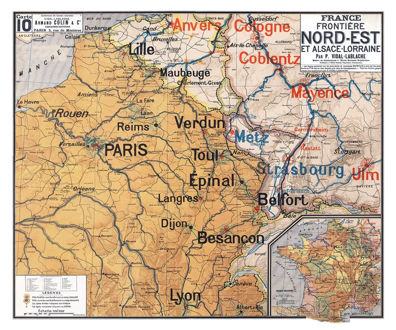 Carte Vidal-Lablache n° 10, France, frontière du Nord-Est et Alsace-Lorraine : reproduction de l’ancienne carte murale d’école