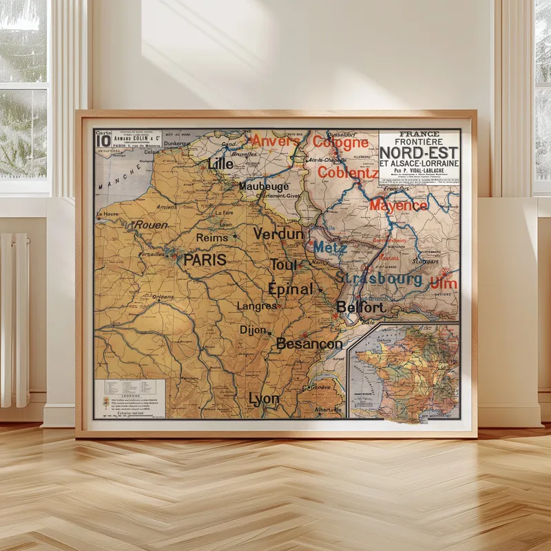 Carte Vidal-Lablache n° 10, France, frontière du Nord-Est et Alsace-Lorraine accrochée dans un intérieur, en situation