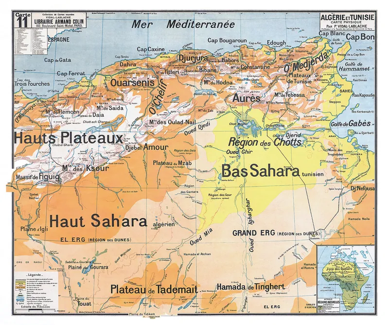 Carte Vidal-Lablache n° 11, Algérie et Tunisie, physique : reproduction de l’ancienne carte murale d’école