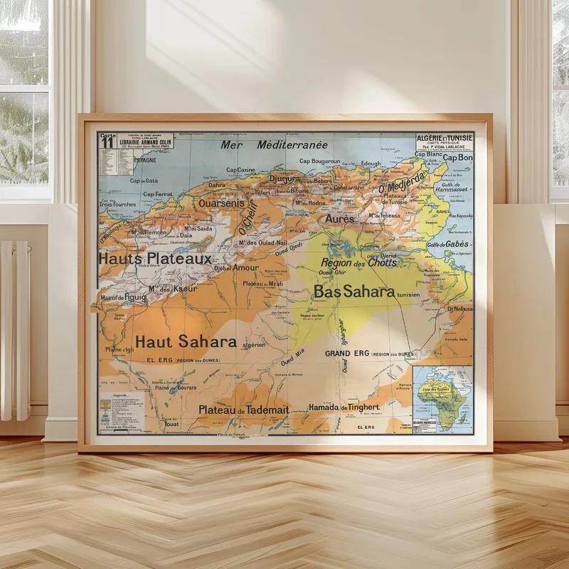Carte Vidal-Lablache n° 11, Algérie et Tunisie, physique accrochée dans un intérieur, en situation