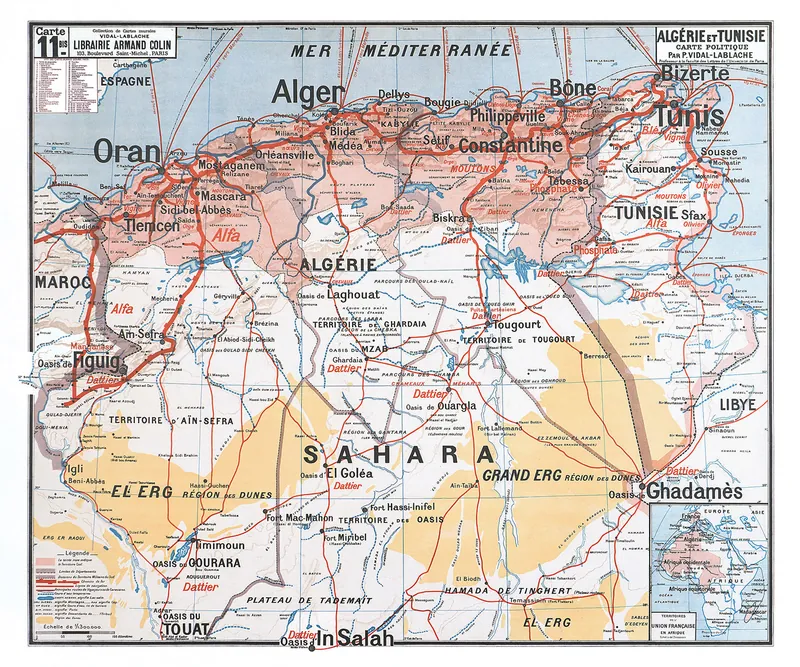 Carte Vidal-Lablache n° 11 bis, Algérie et Tunisie, politique : reproduction de l’ancienne carte murale d’école