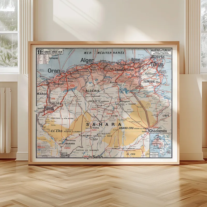 Carte Vidal-Lablache n° 11 bis, Algérie et Tunisie, politique accrochée dans un intérieur, en situation