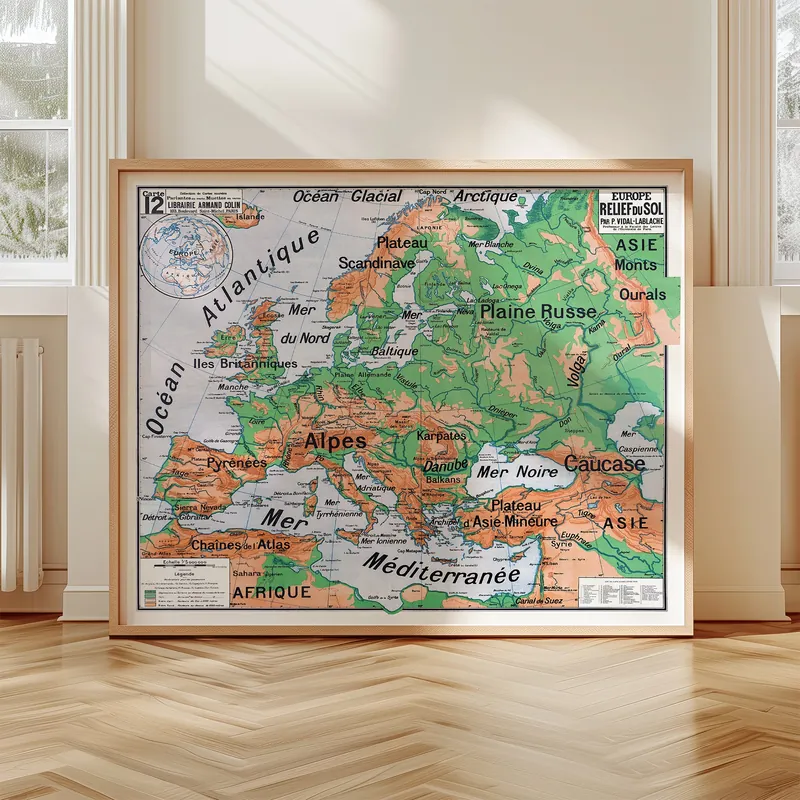Carte Vidal-Lablache n° 12, Europe, relief du sol accrochée dans un intérieur, en situation