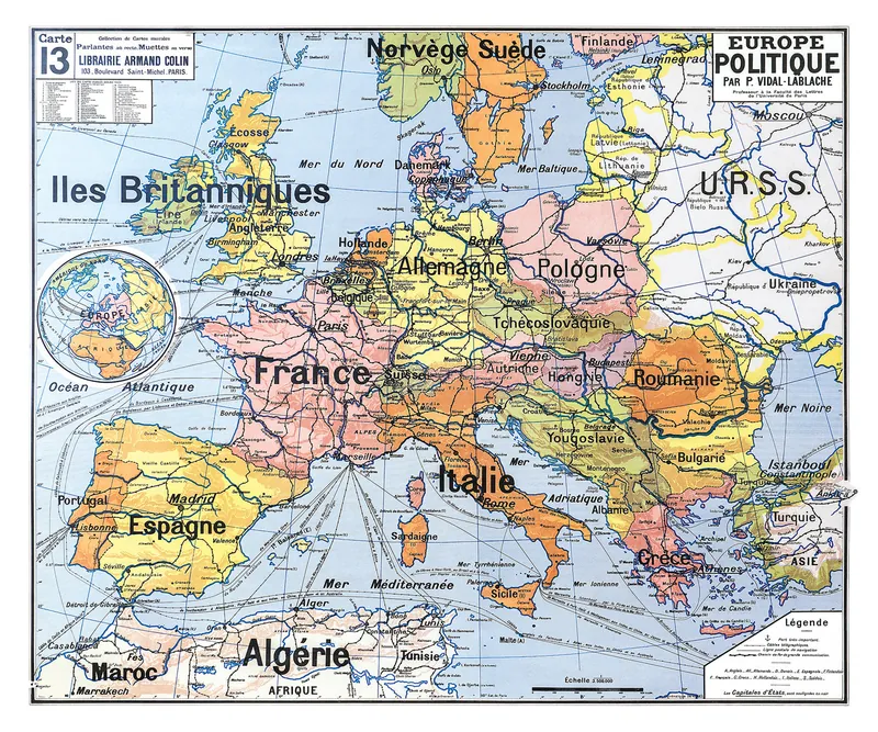 Carte Vidal-Lablache n° 13, Europe, politique : reproduction de l’ancienne carte murale d’école