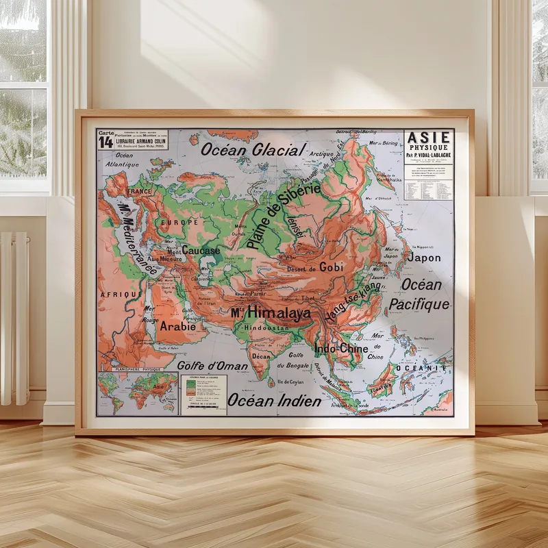 Carte Vidal-Lablache n° 14, Asie, physique accrochée dans un intérieur, en situation