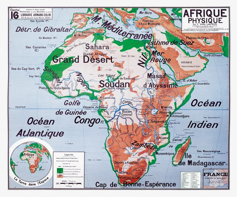Carte Vidal-Lablache n° 16, Afrique, physique : reproduction de l’ancienne carte murale d’école