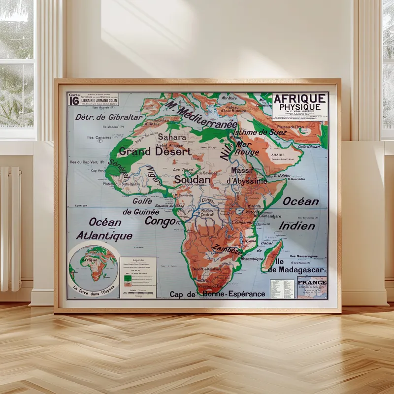 Carte Vidal-Lablache n° 16, Afrique, physique accrochée dans un intérieur, en situation