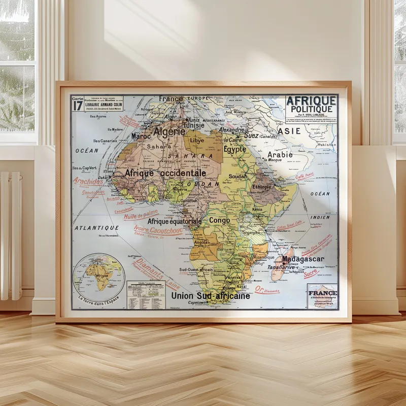 Carte Vidal-Lablache n° 17, Afrique, politique accrochée dans un intérieur, en situation