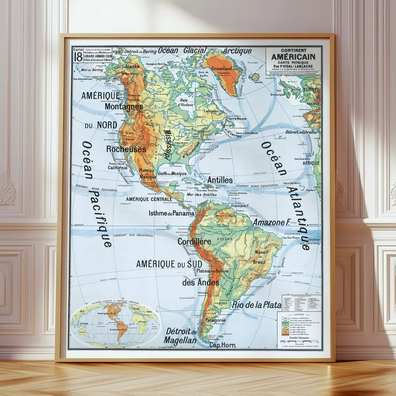 Carte Vidal-Lablache n° 18, Continent américain, physique accrochée dans un intérieur, en situation