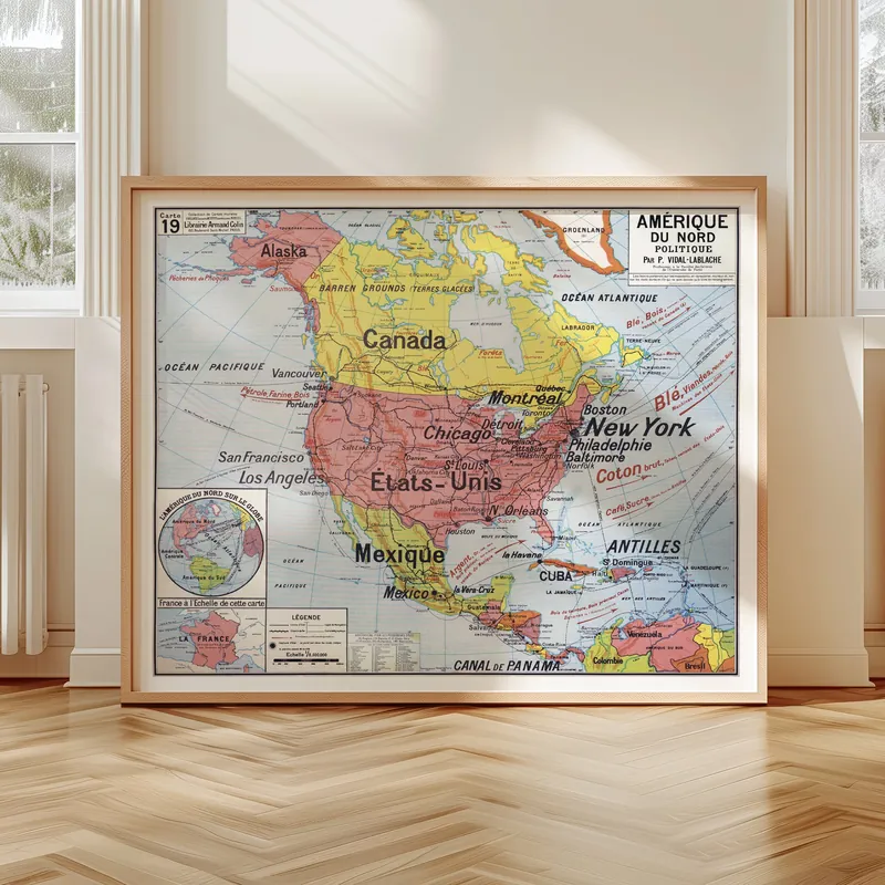 Carte Vidal-Lablache n° 19, Amérique du Nord, politique accrochée dans un intérieur, en situation