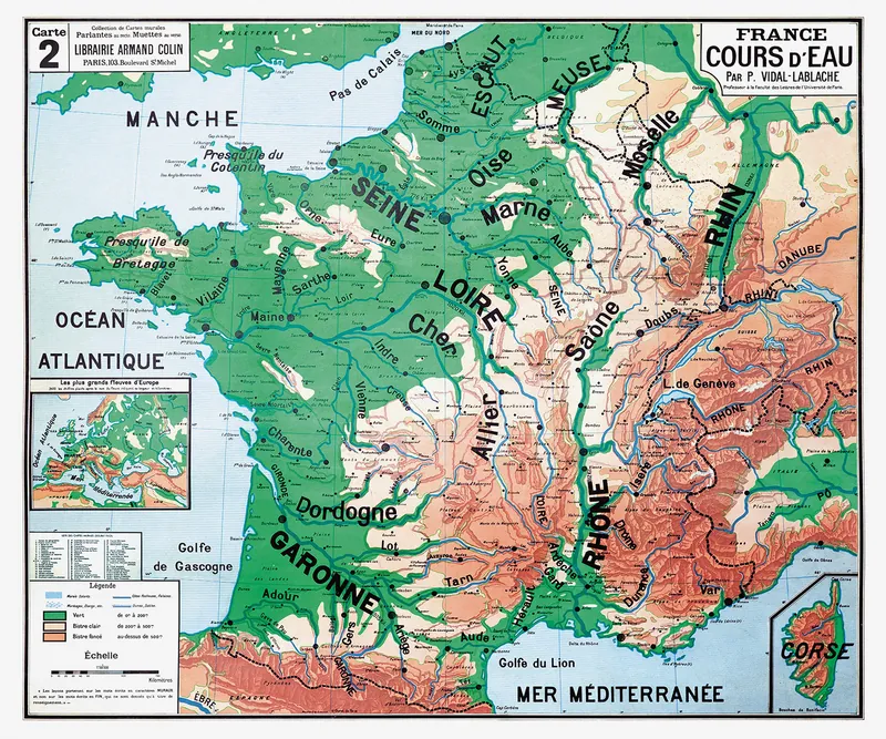 Carte Vidal-Lablache n° 2, France, cours d’eau : reproduction de l’ancienne carte murale d’école