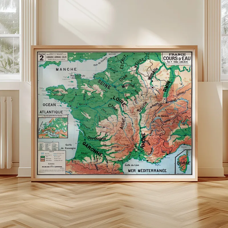 Carte Vidal-Lablache n° 2, France, cours d’eau accrochée dans un intérieur, en situation