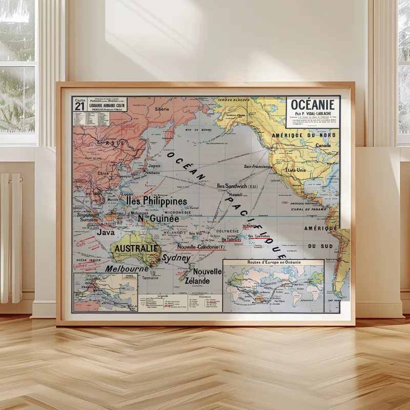 Carte Vidal-Lablache n° 21, Océanie accrochée dans un intérieur, en situation