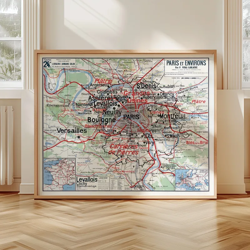 Carte Vidal-Lablache n° 24 bis, Paris et ses environs accrochée dans un intérieur, en situation