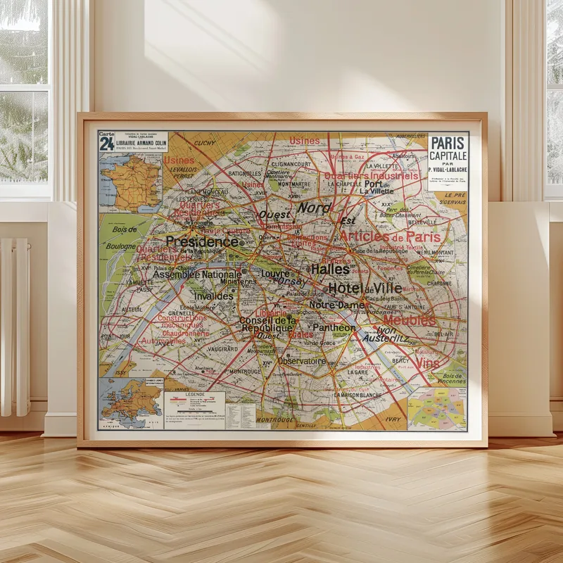 Carte Vidal-Lablache n° 24, Paris, la capitale accrochée dans un intérieur, en situation
