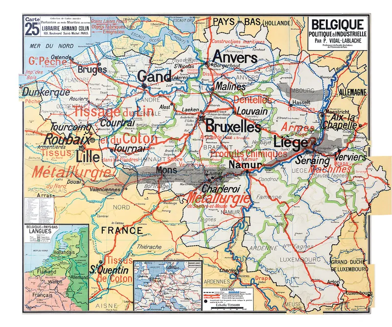 Carte Vidal-Lablache n° 25 bis, Belgique, politique et industrielle : reproduction de l’ancienne carte murale d’école