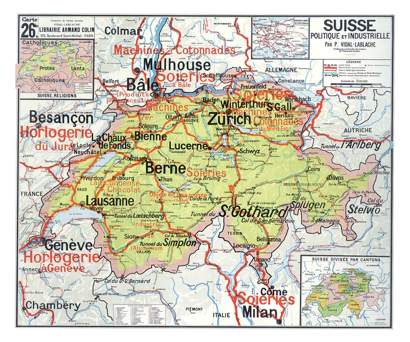 Carte Vidal-Lablache n° 26 bis, Suisse, politique et industrielle : reproduction de l’ancienne carte murale d’école