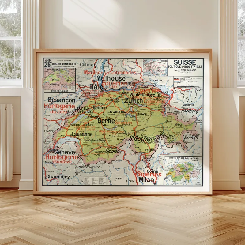 Carte Vidal-Lablache n° 26 bis, Suisse, politique et industrielle accrochée dans un intérieur, en situation