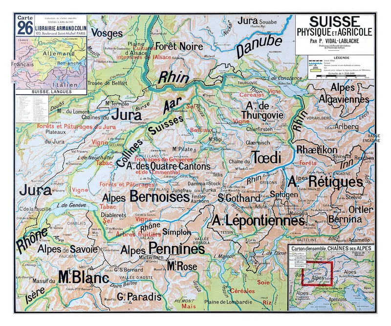 Carte Vidal-Lablache n° 26, Suisse, physique et agricole : reproduction de l’ancienne carte murale d’école