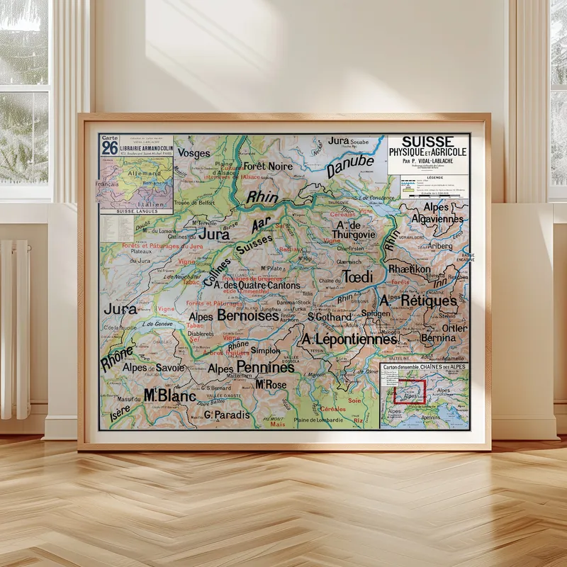 Carte Vidal-Lablache n° 26, Suisse, physique et agricole accrochée dans un intérieur, en situation