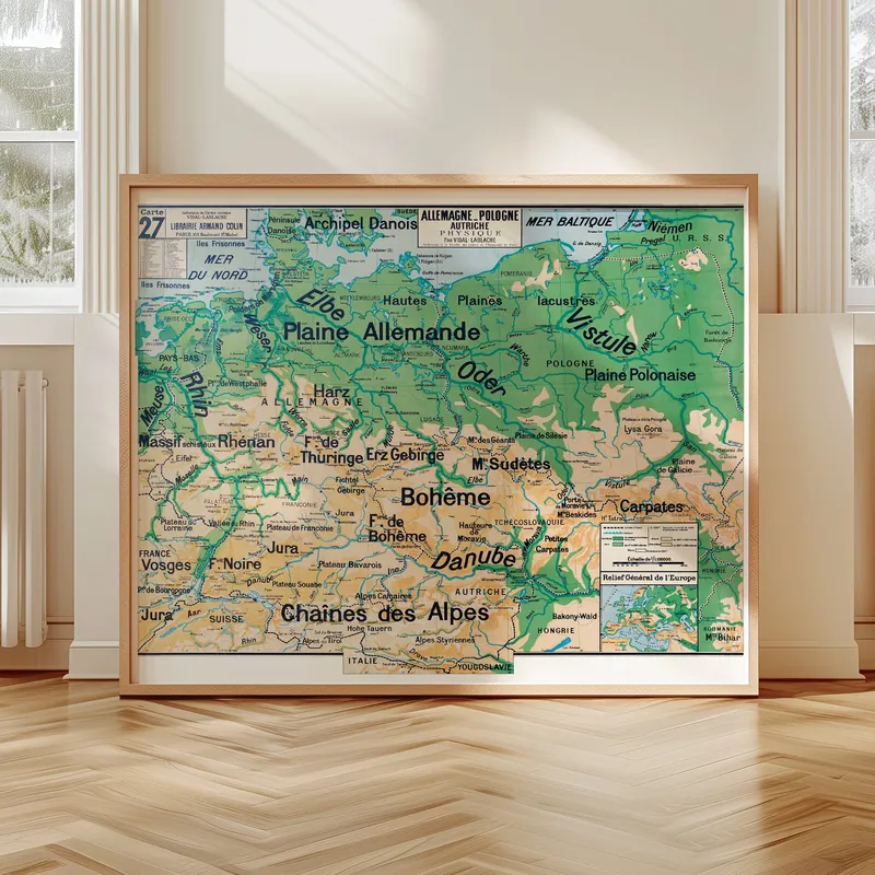 Carte Vidal-Lablache n° 27, Allemagne, Pologne, Autriche, physique accrochée dans un intérieur, en situation