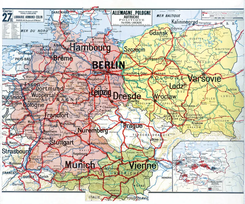 Carte Vidal-Lablache n° 27 bis, Allemagne, Pologne, Autriche, politique : reproduction de l’ancienne carte murale d’école