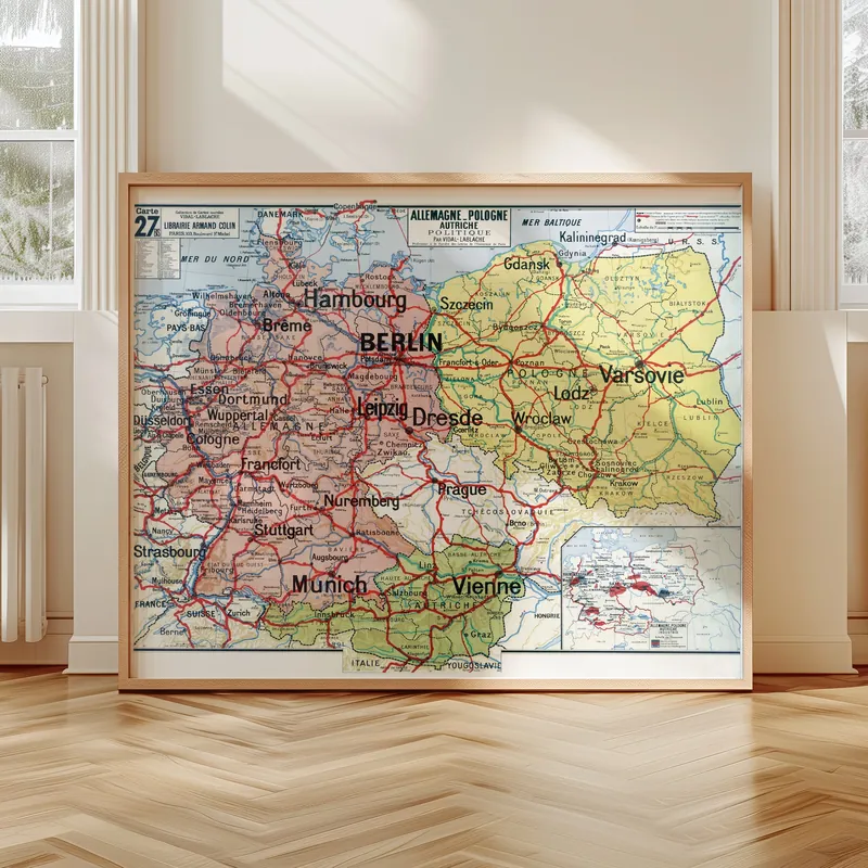 Carte Vidal-Lablache n° 27 bis, Allemagne, Pologne, Autriche, politique accrochée dans un intérieur, en situation
