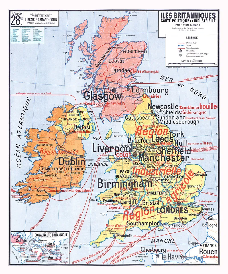 Carte Vidal-Lablache n° 28 bis, Îles Britanniques, politique et industrielle : reproduction de l’ancienne carte murale d’école
