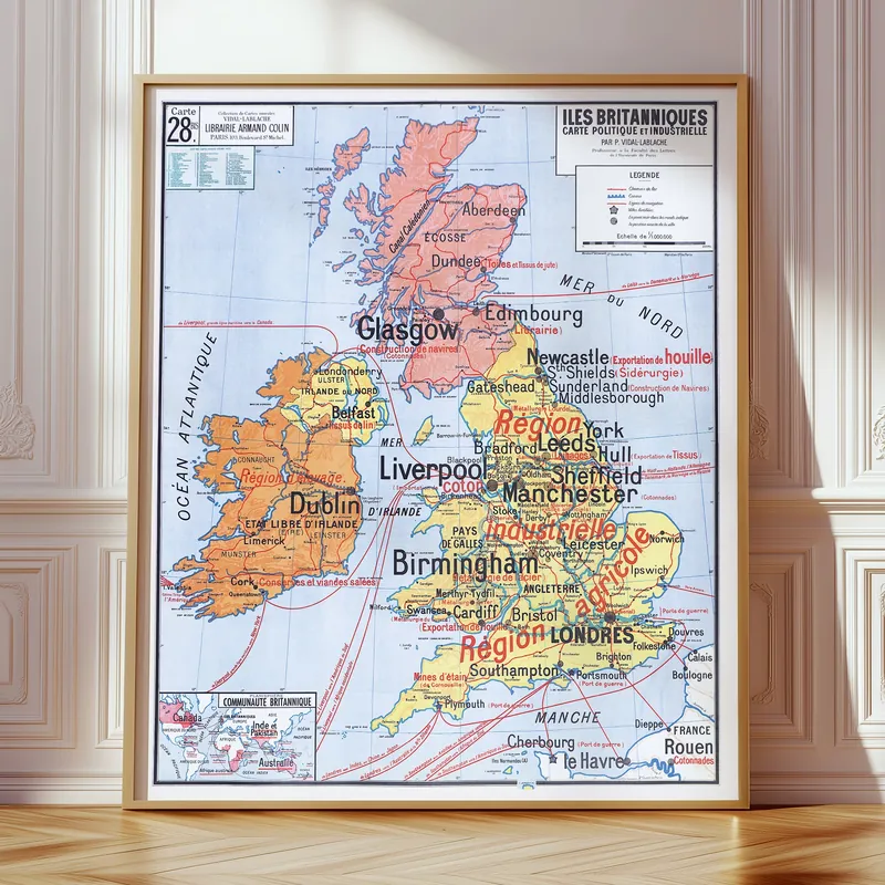 Carte Vidal-Lablache n° 28 bis, Îles Britanniques, politique et industrielle accrochée dans un intérieur, en situation