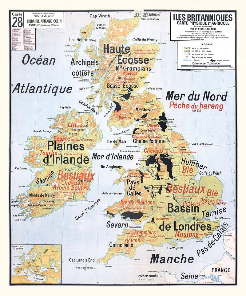 Carte Vidal-Lablache n° 28, Îles Britanniques, physique et agricole : reproduction de l’ancienne carte murale d’école