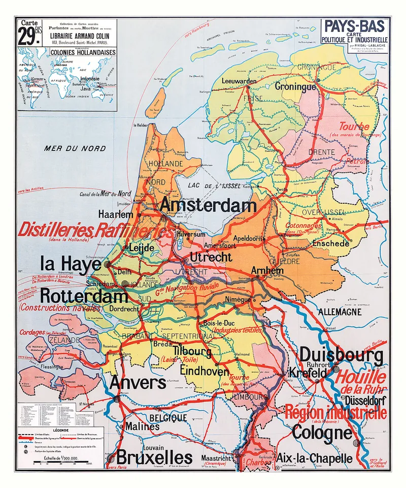 Carte Vidal-Lablache n° 29 bis, Pays-Bas, politique et industrielle : reproduction de l’ancienne carte murale d’école
