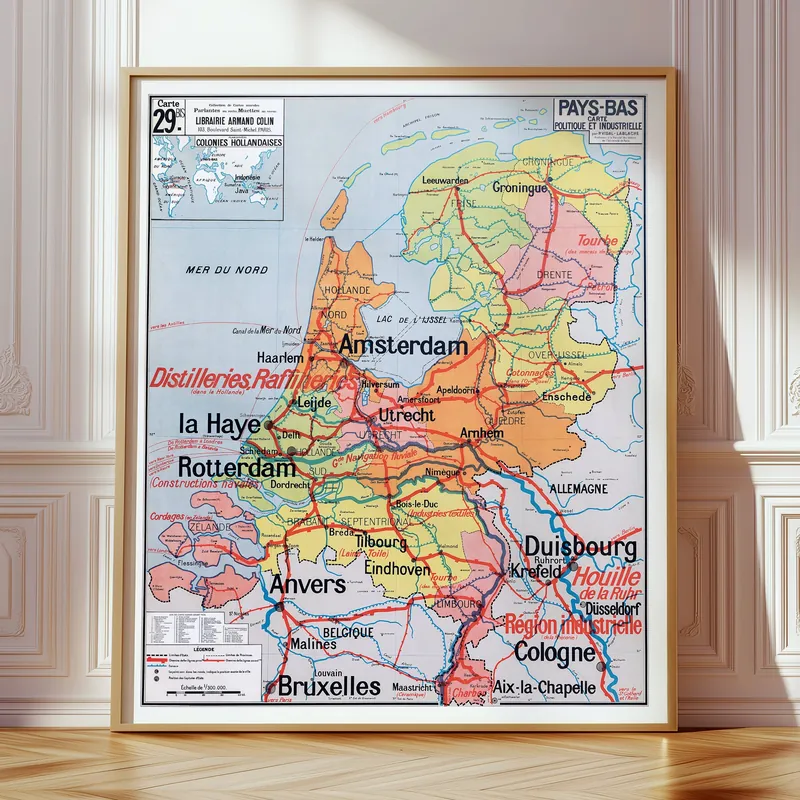 Carte Vidal-Lablache n° 29 bis, Pays-Bas, politique et industrielle accrochée dans un intérieur, en situation