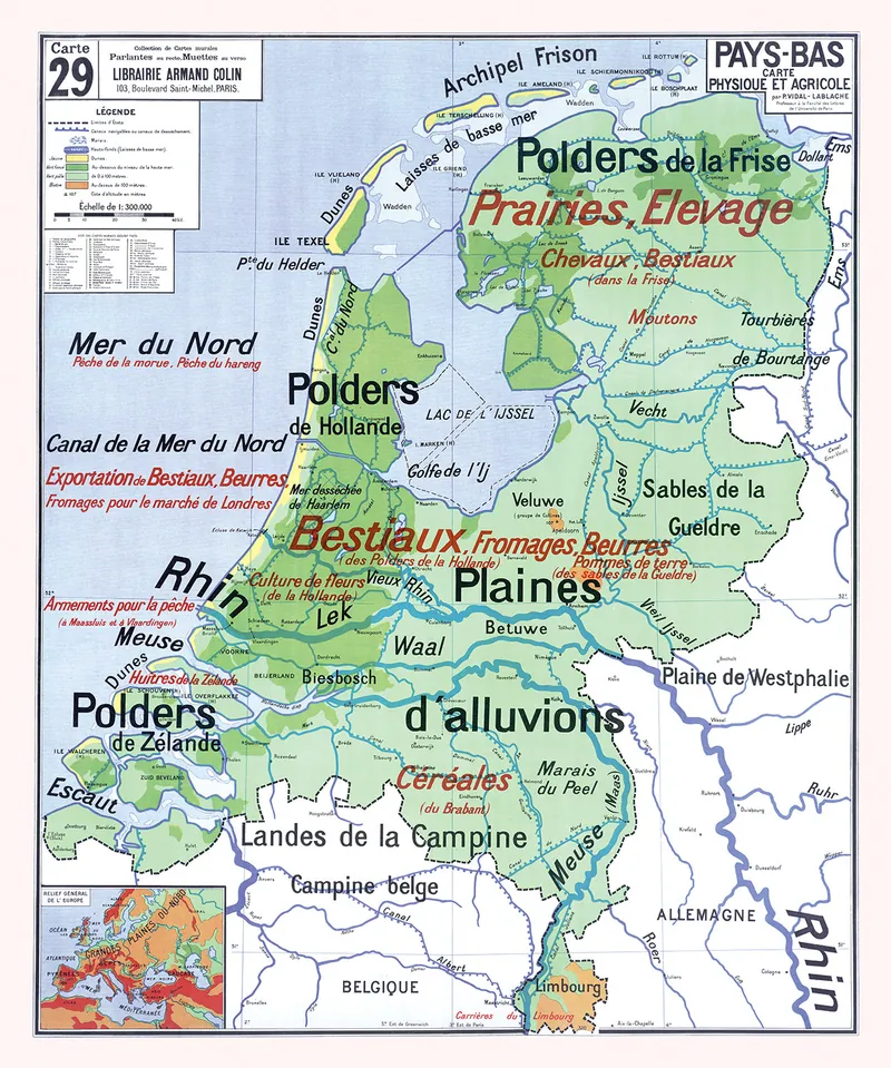 Carte Vidal-Lablache n° 29, Pays-Bas, physique et agricole : reproduction de l’ancienne carte murale d’école