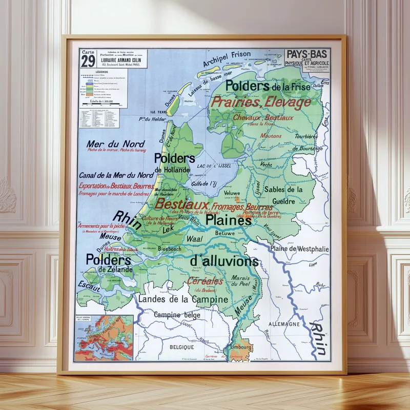 Carte Vidal-Lablache n° 29, Pays-Bas, physique et agricole accrochée dans un intérieur, en situation
